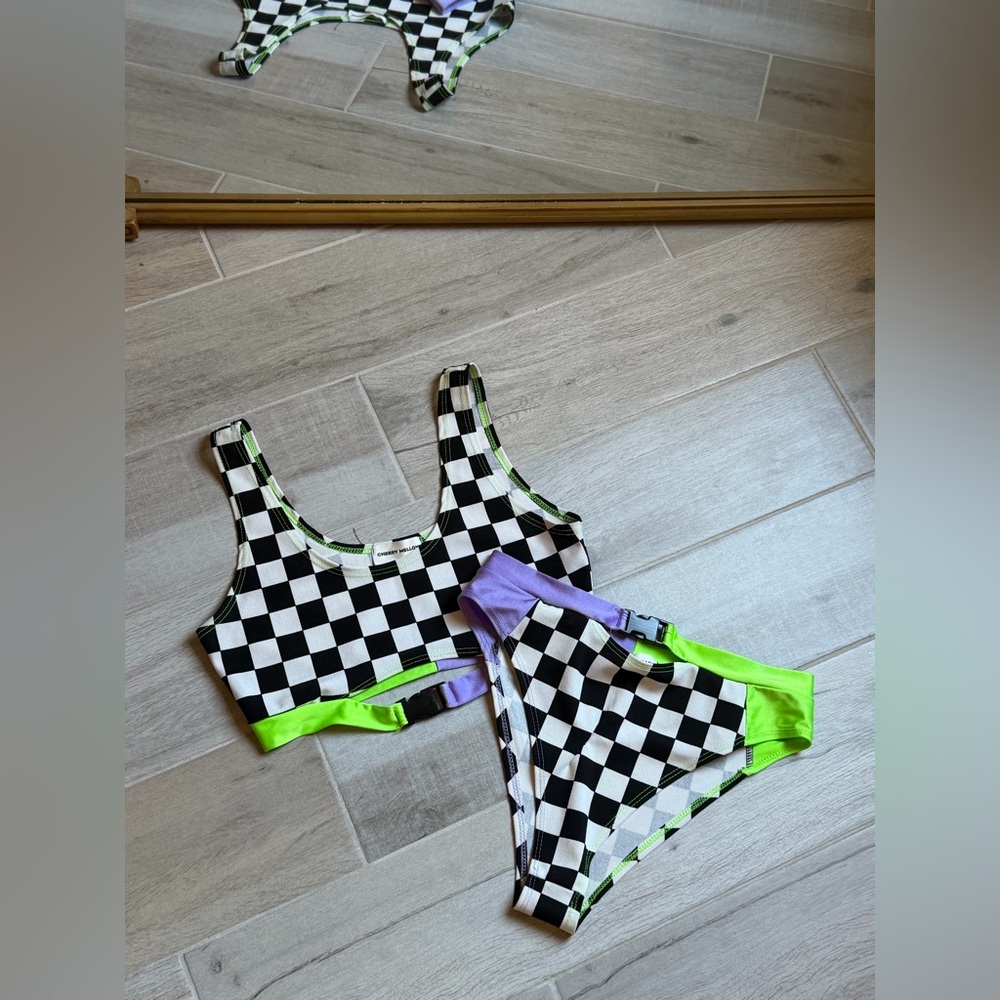 Checkerboard Crop Bodysuit Top with Neon Trim